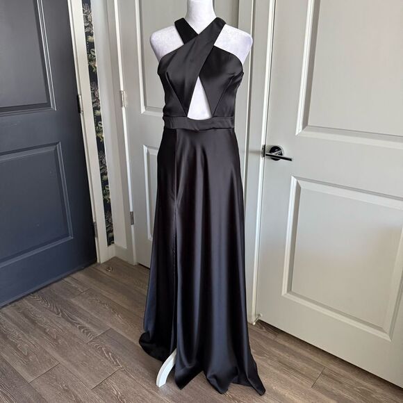 NWOT Katie May Asher Black Satin Cut-Out Maxi Gown Size M - Picture 3 of 11